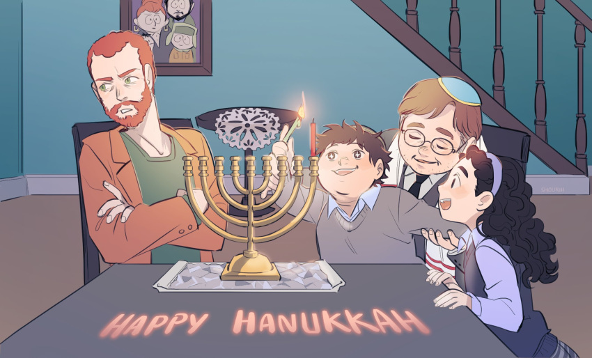 3boys aged_up animification black_hair brown_hair candle candlestand closed_eyes crossed_arms eric_cartman facial_hair father_and_daughter father_and_son female formal gerald_broflovski glasses green_eyes hairband hanukkah hat highres ike_broflovski indoors jewish kippah kyle_broflovski menorah menorah_cartman moisha_cartman multiple_boys red_hair shawl sheila_broflovski short_hair shouri_(mirrorshards) sitting smile south_park south_park:_post_covid spoilers star-shaped_pupils star_(symbol) suit sweater sweater_vest symbol-shaped_pupils table tallit