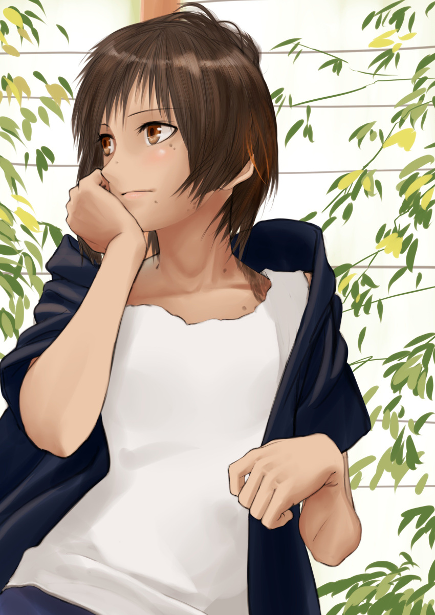 absurdres blue_jacket brown_eyes brown_hair closed_mouth female highres jacket kilye_kairi looking_to_the_side mole mole_on_cheek mole_on_neck mole_on_nose mole_under_mouth open_clothes open_jacket original shirt short_hair smile solo upper_body white_shirt