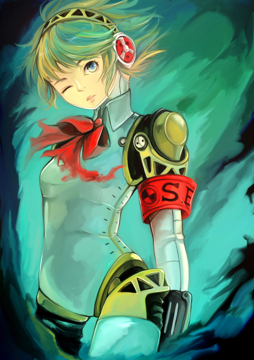 absurdres aegis_(persona) android blonde_hair blue_eyes bow breasts cotton_(shikiori) female highres joints looking_at_viewer one_eye_closed persona persona_3 photoshop_(medium) ribbon robot_joints short_hair solo