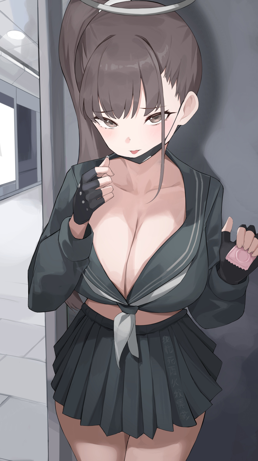 absurdres ahr_tato black_mask black_serafuku blue_archive blush breasts brown_hair cleavage collarbone commentary_request condom cropped_shirt female fingerless_gloves fingernails gloves grey_neckerchief halo highres holding holding_condom large_breasts looking_at_viewer mask mask_pull midriff miniskirt mouth_mask neckerchief pleated_skirt school_uniform serafuku side_ponytail skirt solo sukeban_(smg)_(blue_archive) translation_request