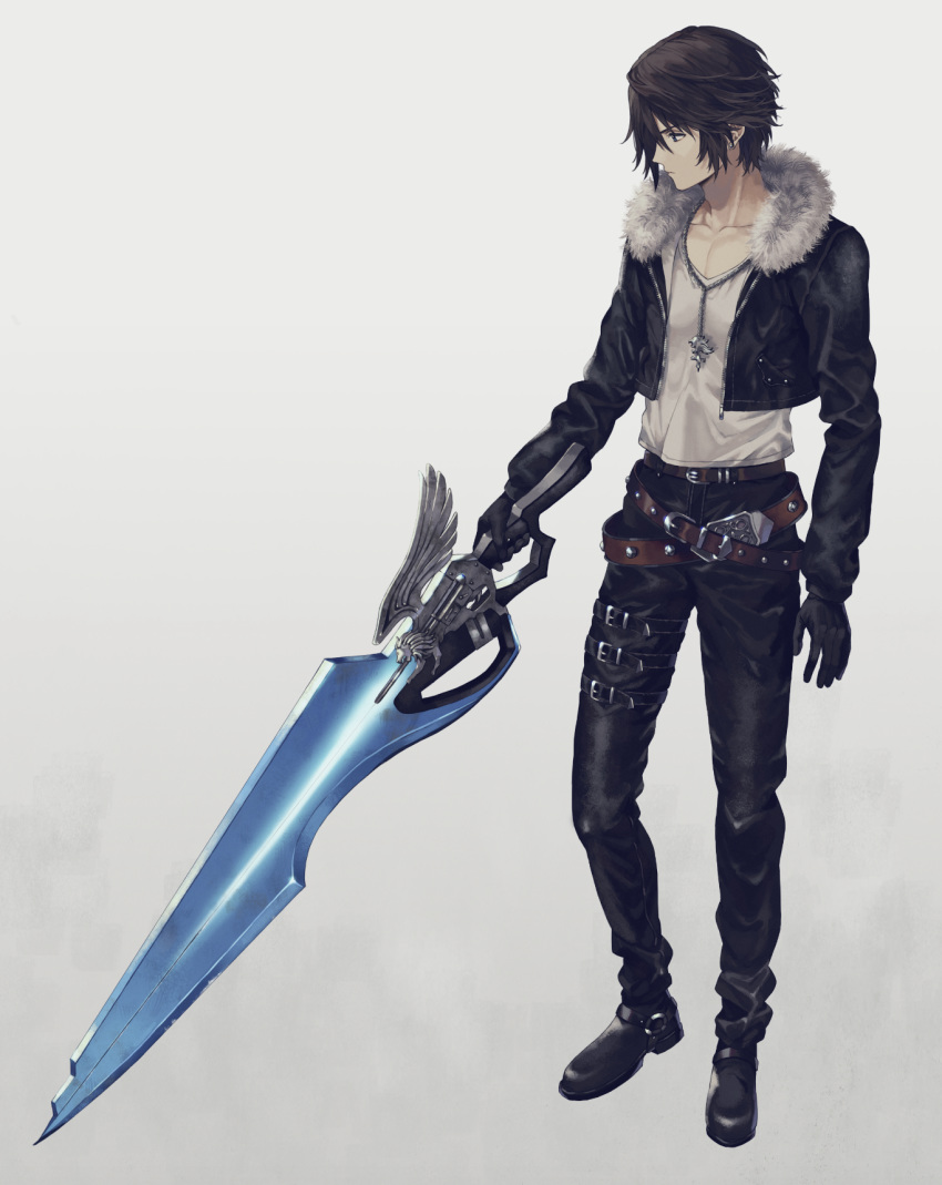 1boy 234_(1234!) belt_buckle black_footwear black_gloves black_jacket brown_hair buckle collarbone commentary_request cropped_jacket final_fantasy final_fantasy_viii full_body fur-trimmed_jacket fur_trim gloves griever gunblade highres jacket jewelry lionheart male_focus necklace shirt shoes solo squall_leonhart standing weapon white_shirt zipper zipper_pull_tab