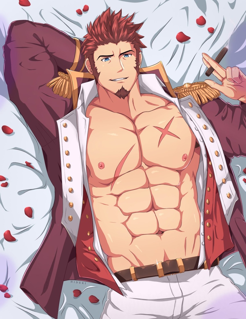 1boy abs bara bare_pectorals belt blue_eyes brown_belt brown_hair bulge cigar cross_scar epaulettes facial_hair fate/grand_order fate_(series) fringe_trim goatee hideki_(maximus9873) highres jacket large_pectorals long_sideburns looking_at_viewer lying male_focus mature_male military military_uniform muscular muscular_male napoleon_bonaparte_(fate) navel nipples on_back on_bed open_clothes open_jacket open_shirt pants pectorals petals scar scar_on_chest short_hair sideburns smile solo stomach uniform white_pants