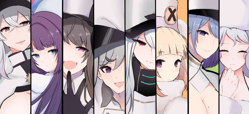 6+girls absurdres amanatsu_(mmcm_logic) avrora_(azur_lane) azur_lane black_gloves blonde_hair blue_eyes blue_hair breasts brown_hair chapayev_(azur_lane) cleavage closed_eyes collage collage_background collarbone column_lineup commentary_request gangut_(azur_lane) gloves grey_hair grozny_(azur_lane) hat highres large_breasts long_hair looking_at_viewer military military_hat minsk_(azur_lane) mole mole_on_breast multiple_girls open_mouth pamiat_merkuria_(azur_lane) purple_eyes purple_hair red_eyes short_hair smile sovetskaya_rossiya_(azur_lane) split_crop tashkent_(azur_lane) white_hair