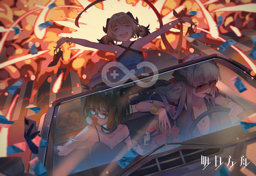 arknights breasts brown_hair car dragon_horns earrings explosion feather_hair glasses grey_hair horns ifrit_(arknights) jewelry long_hair motor_vehicle multiple_girls orange_eyes orange_nails owl_ears painttool_sai_(medium) rhine_lab_logo saria_(arknights) silence_(arknights) teeth_(artist)