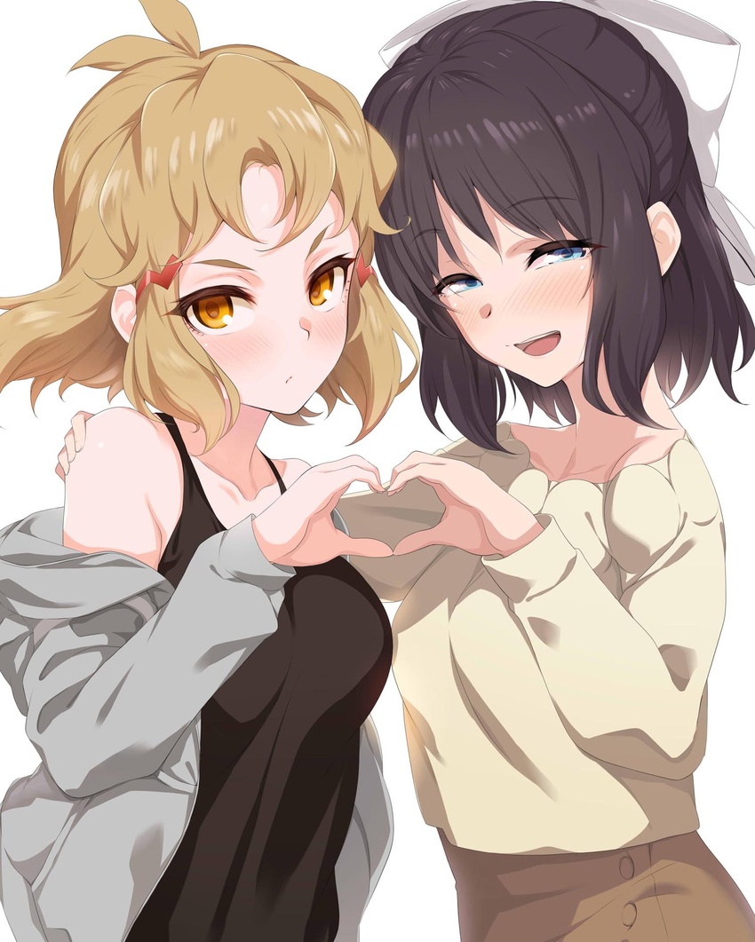 2girls beige_shirt black_hair black_shirt blue_eyes blush bow commentary_request cover_image grey_jacket hair_ornament hairbow hairclip hand_on_another's_shoulder heart heart_hands heart_hands_duo highres hood hoodie jacket kohinata_miku kurihara_kenshirou light_brown_hair light_frown long_sleeves looking_at_viewer messy_hair multiple_girls off_shoulder open_clothes open_jacket open_mouth orange_eyes senki_zesshou_symphogear shirt short_hair simple_background smile standing symmetrical_hand_pose tachibana_hibiki_(symphogear) tank_top upper_body white_background white_bow