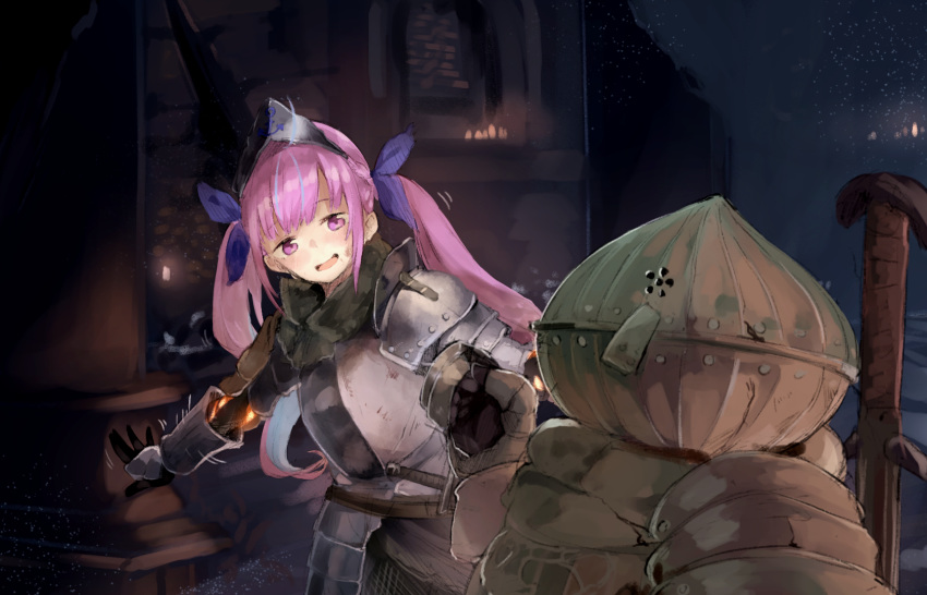 1boy animal_ears armor belt bracer breastplate candle cat_ears colored_inner_hair dark_souls_(series) dark_souls_iii dim_lighting female gauntlets highres hololive indoors kase_(kurimuzone_oruta) long_hair looking_at_another minato_aqua multicolored_hair pauldrons pillar pink_eyes pink_hair planted planted_sword shoulder_armor siegward_of_catarina smile stone_floor sword twintails two-tone_hair vambraces virtual_youtuber waving_arm weapon