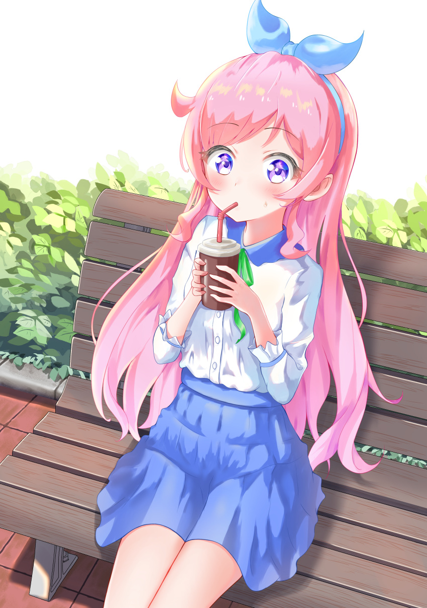 absurdres bench blue_skirt blush bush collared_shirt commentary_request drink drinking_straw drinking_straw_in_mouth female foliage green_ribbons hair_down headband highres holding holding_drink kiratto_pri_chan long_hair long_sleeves momoyama_mirai neck_ribbon orange0150 outdoors pink_hair pretty_series purple_eyes ribbon shirt shirt_tucked_in sidelocks sitting skirt solo swept_bangs white_background white_shirt