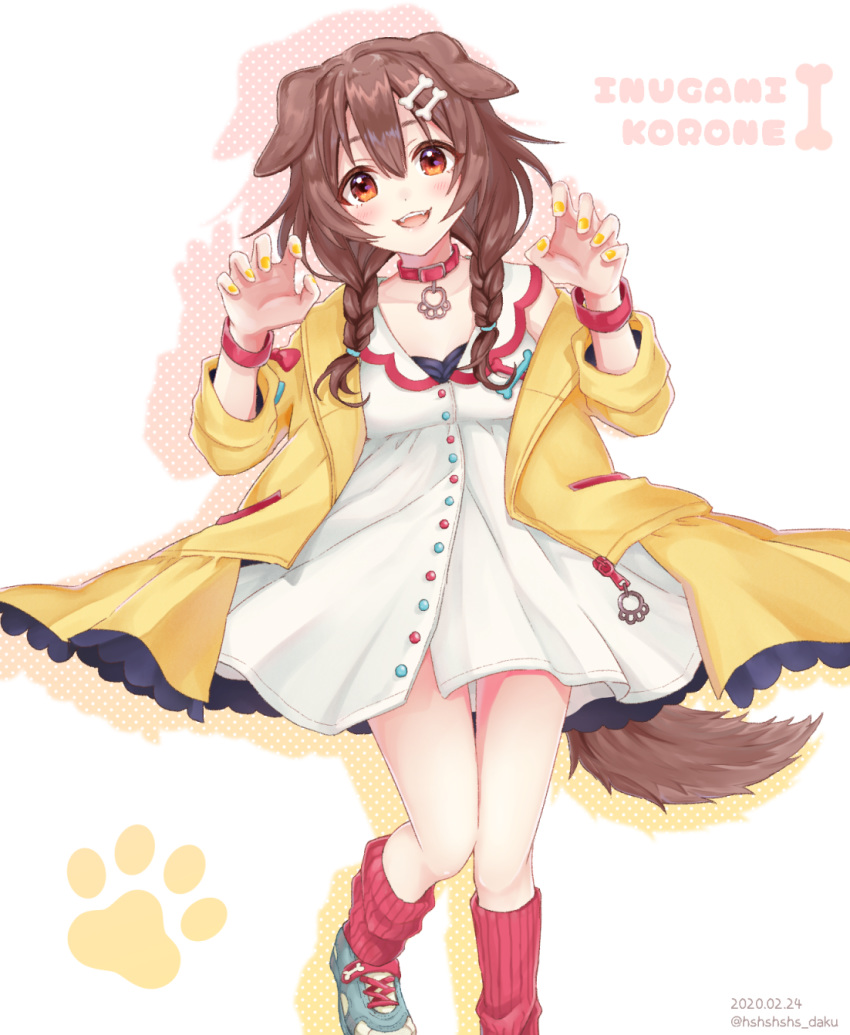 animal_collar animal_ears blouse blue_footwear bone_hair_ornament braid breasts brown_hair character_name claw_pose collar commentary_request cross-laced_footwear dakuryuu dated dog_ears dog_girl dog_tail female hair_between_eyes hair_ornament hair_over_shoulder highres hololive inugami_korone inugami_korone_(1st_costume) jacket long_hair looking_at_viewer nail_polish paw_print polka_dot red_eyes red_socks shirt shoes side_braids simple_background small_breasts socks solo tail thighs twin_braids twintails twitter_username virtual_youtuber white_background white_shirt wristband yellow_jacket yellow_nails