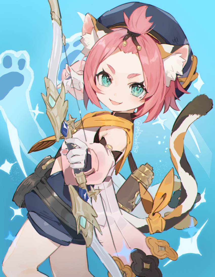 animal_ear_fluff animal_ears aqua_eyes bangs_pinned_back blue_background blue_hat bow_(weapon) cat_ears cat_tail detached_sleeves diona_(genshin_impact) favonius_warbow_(genshin_impact) female genshin_impact gloves hat highres holding holding_bow_(weapon) holding_weapon neckerchief open_mouth orange_neckerchief paw_print paw_print_palms pink_hair ribbon short_eyebrows short_hair shorts simple_background solo sparkle tail tail_ornament tail_ribbon type-alpha weapon white_gloves