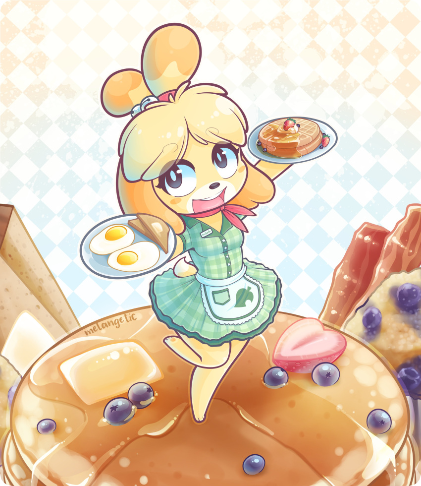 absurd_res alternative_fashion animal_crossing anthro bacon barefoot bell black_nose blonde_hair blueberry_(fruit) blush blush_stickers bread butter canid canine canis checkered checkered_background clothed clothing country_lolita dairy_products dipstick_tail domestic_dog dress eyebrow_through_hair eyebrows feet female food fried_egg fruit fur grey_eyes hair hi_res isabelle_(animal_crossing) j-fashion jingle_bell kerchief lolita_(fashion) looking_up mammal markings meat melangetic multicolored_tail name_tag neckerchief nintendo on_one_leg open_mouth pancake pattern_background pink_kerchief pink_neckerchief plant shih_tzu simple_background smile solo standing strawberry syrup tail tail_markings tied_hair toast topknot toy_dog translucent translucent_hair waffle waiter yellow_body yellow_fur