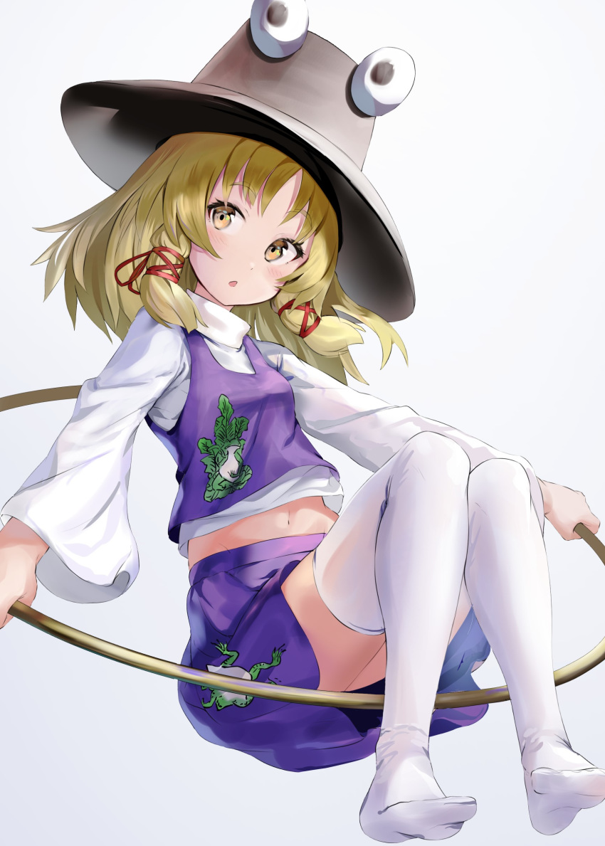 absurdres animal_print blonde_hair blush chestnut_mouth commentary_request female frog_print gradient_background grey_background hair_ribbon hat head_tilt high_collar highres holding_hoop hoop isemori long_sleeves looking_at_viewer medium_hair midriff moriya's_iron_rings moriya_suwako no_shoes purple_skirt purple_vest ribbon shirt sidelocks simple_background skirt solo thick_eyebrows thighhighs touhou vest white_shirt white_thighhighs wide_sleeves yellow_eyes