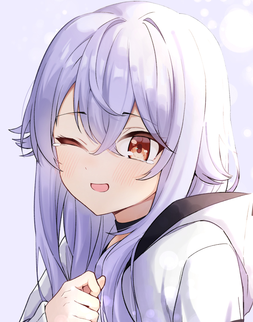 ;d azuma_lim blush commentary crossed_bangs female hair_between_eyes highres hood hood_down indie_virtual_youtuber long_hair long_sleeves one_eye_closed open_mouth purple_hair red_eyes smile solo syhan tearing_up upper_body virtual_youtuber