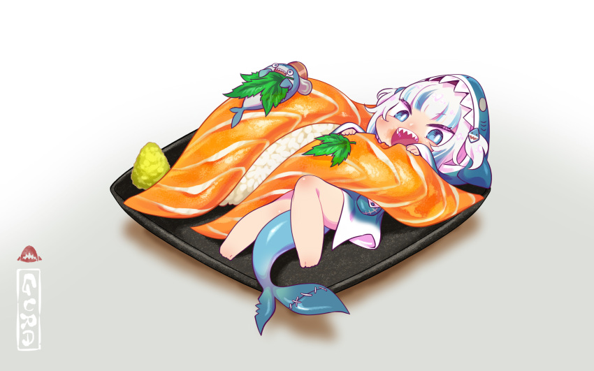 animal_costume animal_hood bare_legs barefoot bloop_(gawr_gura) blue_eyes blue_hair blue_hoodie blunt_bangs carrot chaki_(teasets) chibi commentary eating female fins fish fish_tail food gawr_gura gawr_gura_(1st_costume) hair_ornament highres holding holding_food hololive hololive_english hood hoodie in_food leaf looking_at_viewer lying mini_person minigirl multicolored_hair open_mouth plate rice shark_costume shark_girl shark_hair_ornament shark_hood shark_print shark_tail sharp_teeth sleeves_past_wrists streaked_hair sushi tail teeth two_side_up virtual_youtuber wasabi white_hair