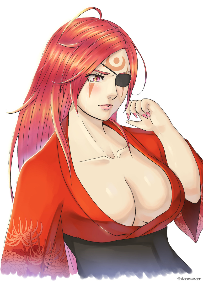 absurdres baiken blush breasts cleavage collarbone dagremcdougler dress eyelashes eyepatch facial_tattoo female guilty_gear guilty_gear_strive guilty_gear_strive_x_tower_records highres japanese_clothes kimono large_breasts lips long_hair long_sleeves low_neckline mature_female nail_polish no_bra open_clothes open_kimono pale_skin pink_eyes pink_nails print_kimono red_dress red_eyes red_hair red_kimono solo tattoo tower_records upper_body white_background