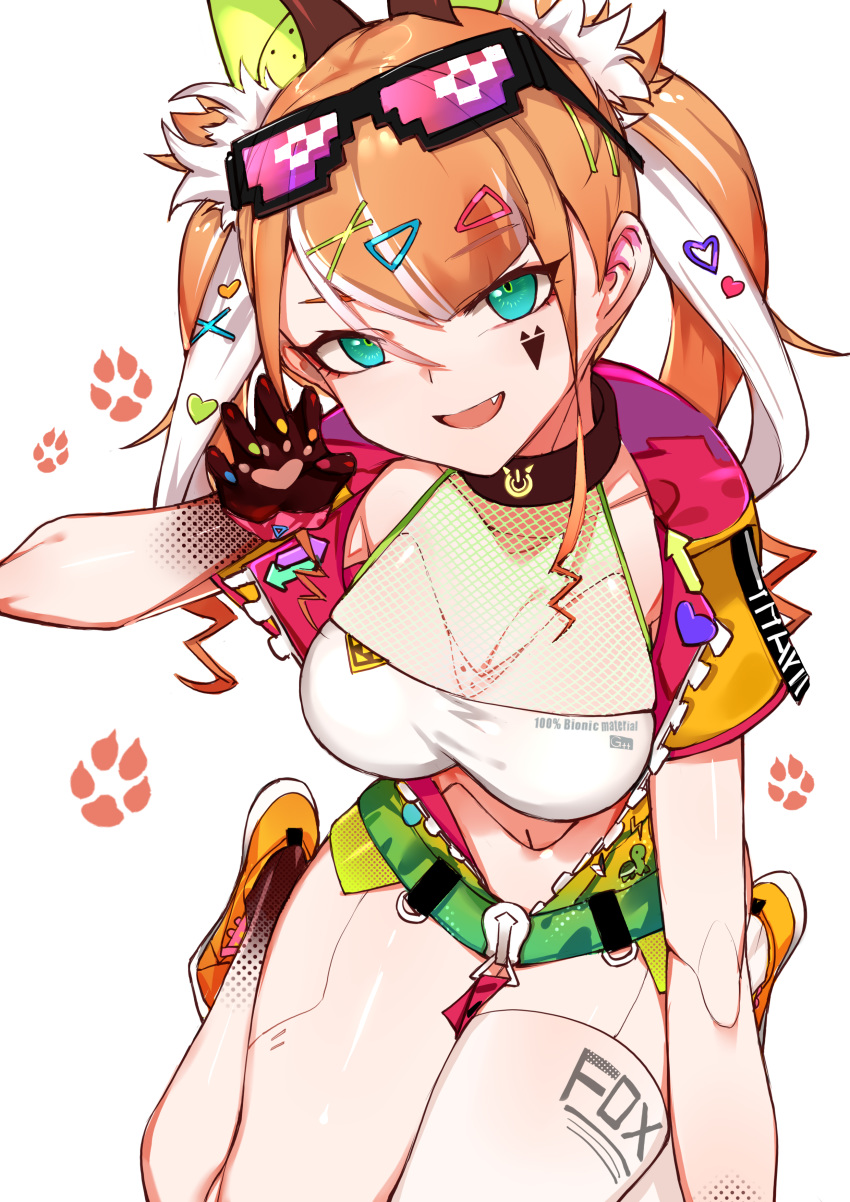 absurdres andou_inari andou_inari_official android animal_ears blue_hair breast_press breasts choumi_wuti_(xueye_fanmang_zhong) drill_hair female fox_ears fox_girl gyaru hair_ornament highres jewelry kogal large_breasts necklace nijisanji paw_pose red_eyes solo sunglasses virtual_youtuber virtuareal