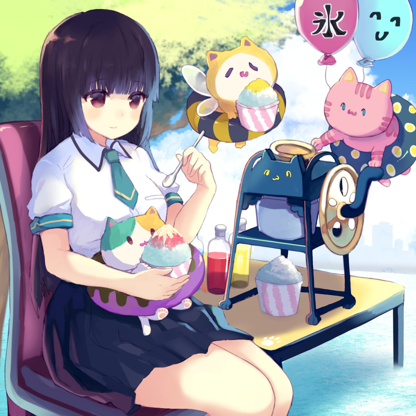 aqua_necktie balloon black_hair blue_skirt blunt_bangs chair choppy_bangs collared_shirt commentary_request drink feline female food glass_bottle highres innertube long_hair long_skirt necktie nekomo original outdoors plump purple_hair red_eyes shaved_ice shirt short_sleeves sidelocks sitting skirt smile swim_ring translated tree uniform white_shirt