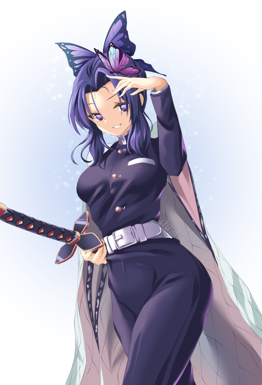 belt breasts bug butterfly butterfly_hair_ornament butterfly_on_finger chaesu coat female hair_ornament hand_on_hilt highres insects katana kimetsu_no_yaiba kochou_shinobu medium_breasts military military_uniform overcoat pants purple_butterfly purple_eyes purple_hair sheath sheathed smile solo sword uniform walking weapon white_belt