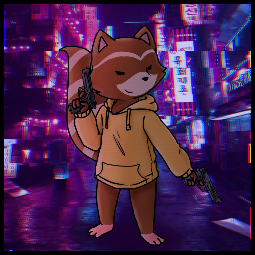 1:1 anthro bottomless chillhop chillhop_raccoon clothed clothing conditional_dnp digital_media_(artwork) fur gun handgun hi_res holding_gun holding_object holding_ranged_weapon holding_weapon hoodie male mammal muffinlewds pistol pistol_out pistols procyonid raccoon ranged_weapon smile solo topwear weapon