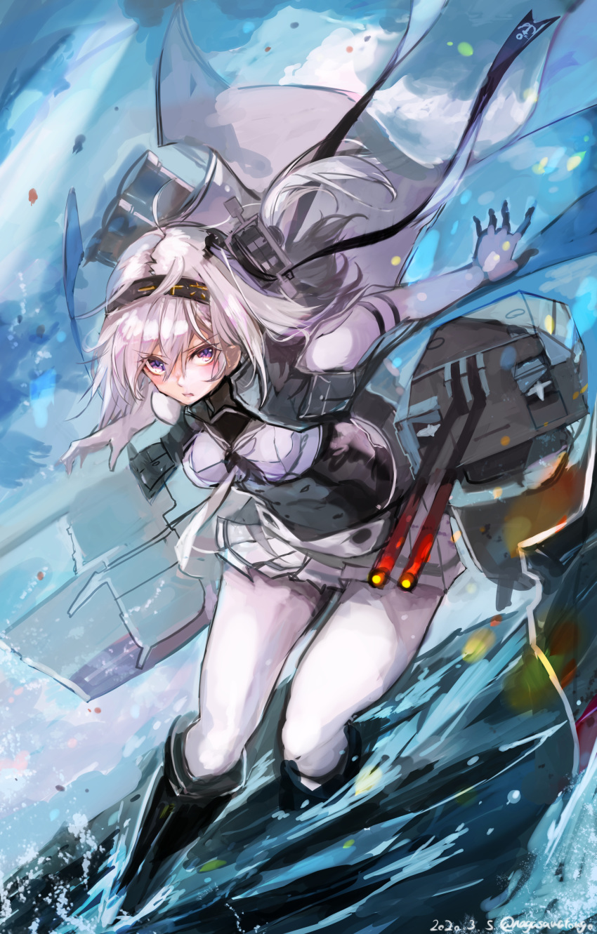 absurdres black_headband bodysuit boots breasts cannon cape chou-10cm-hou-chan_(suzutsuki's) clothes_writing dated duplicate female grey_cape hachimaki hair_between_eyes headband highres kantai_collection knee_boots long_hair machinery messy_hair nagasawa_tougo ocean outdoors pixel-perfect_duplicate rigging standing standing_on_liquid suzutsuki_(kancolle) torpedo_tubes turret twitter_username white_bodysuit white_hair