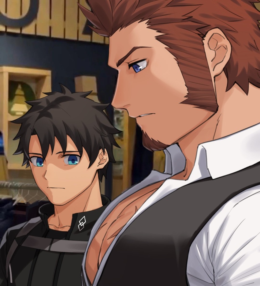 2boys 47 bara blue_eyes breast_envy brown_hair bursting_pectorals facial_hair fate/grand_order fate_(series) from_side fujimaru_ritsuka_(male) goatee large_pectorals long_sideburns looking_at_another looking_down male_cleavage male_focus mature_male meme multiple_boys muscle_envy muscular muscular_male napoleon_bonaparte_(fate) parody partially_unbuttoned pectoral_envy_(meme) pectoral_focus pectorals scar scar_on_chest short_hair sideburns upper_body