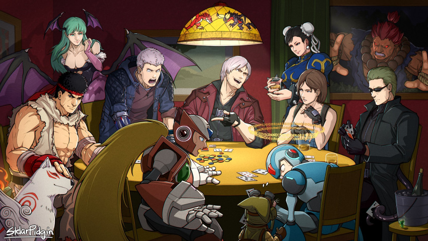 3girls 6+boys ;d akuma_(street_fighter) albert_wesker alcohol amaterasu_(ookami) android animal_print armor bandaged_arm bandages bat_print bat_wings beads black_eyes black_gloves black_hair black_jacket blonde_hair blue_dress blue_jacket blue_tank_top bottle bracelet breasts bridal_gauntlets brown_hair bucket bun_cover capcom card chair china_dress chinese_clothes chun-li cleavage clenched_teeth closed_eyes closed_mouth clothing_cutout commentary company_connection crossover cup curtains dante_(devil_may_cry) demon_girl devil_may_cry_(series) devil_may_cry_5 double_bun dougi drawing_(object) dress drinking_glass earrings english_commentary english_text facial_hair felyne fingerless_gloves gloves glowing glowing_eyes green_eyes green_hair grey_hair hair_bun head_wings headband headpat heart_cutout helmet highres holding holding_card holding_cup ice ice_cube indoors issun jacket jewelry jill_valentine large_breasts leotard lips long_hair looking_at_another looking_down low_wings medium_breasts mega_man_(series) mega_man_x_(series) monster_hunter:_world monster_hunter_(series) morrigan_aensland multiple_boys multiple_crossover multiple_girls nergigante nero_(devil_may_cry) nipples okami one_eye_closed open_mouth pantyhose parted_lips pectorals picture_frame pink_lips playing_card playing_games poker_chip ponytail prayer_beads print_pantyhose puffy_short_sleeves puffy_sleeves purple_legwear purple_wings rathalos red_eyes red_gloves red_headband red_jacket resident_evil resident_evil_3:_nemesis resident_evil_3_(remake) resident_evil_5 ryu_(street_fighter) short_hair short_sleeves signature sitting smile spiked_bracelet spikes standing stelarpidgin street_fighter street_fighter_ii_(series) stubble sunglasses tank_top teeth teppen torn_clothes vampire_(game) white_hair window wings wolf x_(mega_man) zero_(mega_man)