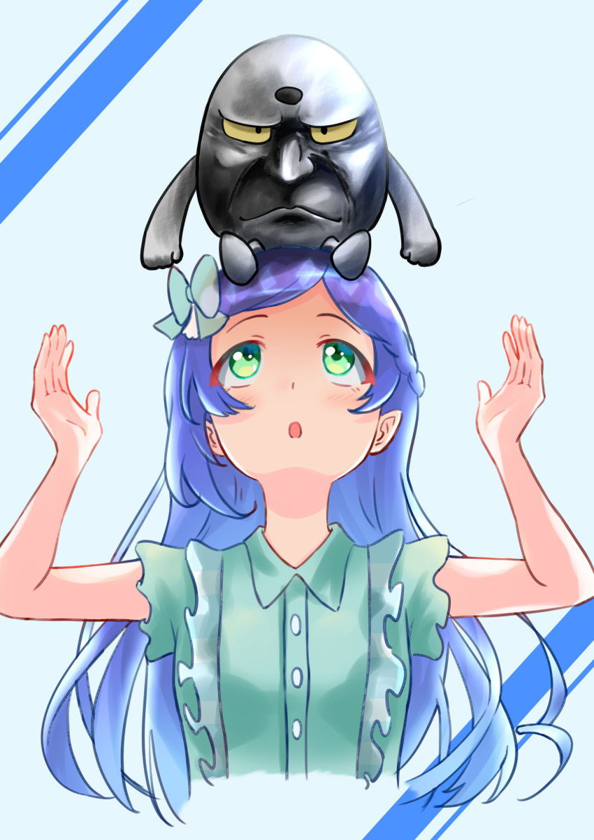 :o aoba_rinka aqua_background aqua_bow aqua_shirt balancing_on_head bare_arms blue_hair blush bow braid collared_shirt commentary cropped_torso female green_eyes hairbow highres kiratto_pri_chan long_hair looking_up object_on_head open_hands orange0150 pretty_series shirt short_sleeves side_braid sidelocks solo statue swept_bangs