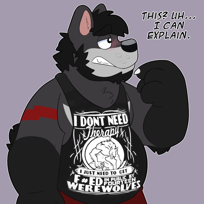 1:1 anthro bear blush canid canine canis chin_scratch clothing embarrassed english_text hi_res hybrid krousser male mammal oddly_specific_shirts_(meme) shirt solo tank_top text text_on_clothing text_on_shirt text_on_tank_top text_on_topwear thepandobo topwear wolf