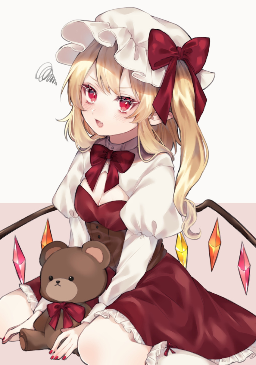 blonde_hair blush bow breasts cleavage dress female flandre_scarlet frilled_dress frilled_socks frills hairbow hat hat_ribbon highres kneehighs lipgloss long_hair long_sleeves looking_at_viewer mob_cap oerba_yun_fang one_side_up open_mouth pout puffy_sleeves red_eyes red_nails ribbon sitting skin_fang socks solo squiggle stuffed_animal stuffed_toy teddy_bear touhou two-tone_background wariza white_hat wings youtan