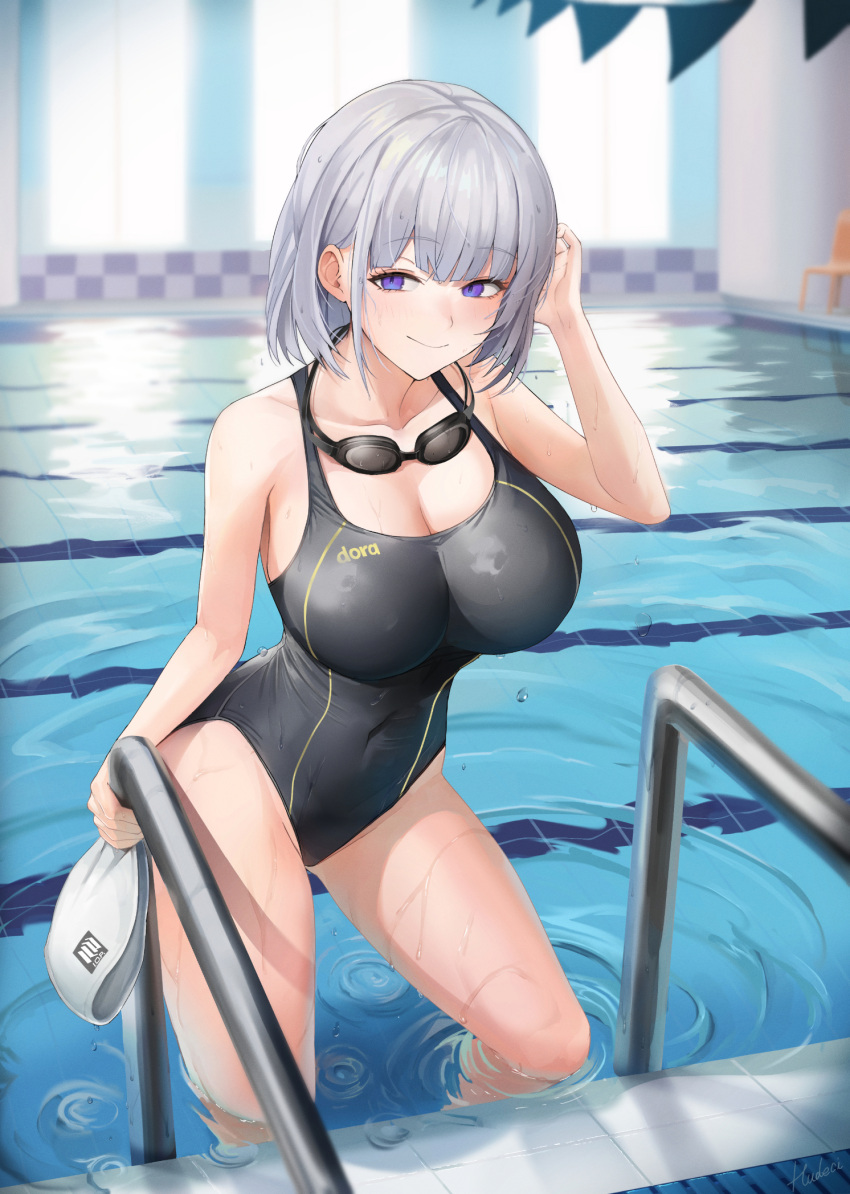 adjusting_hair alternate_costume bare_arms bare_shoulders beruko14 black_one-piece_swimsuit blush breasts cleavage closed_mouth collarbone competition_swimsuit covered_navel female girls'_frontline goggles goggles_around_neck grey_hair hand_in_own_hair hat highres holding holding_clothes holding_hat large_breasts looking_at_viewer medium_hair on_water one-piece_swimsuit pool purple_eyes rpk-16_(girls'_frontline) smile solo swimsuit thighs unworn_hat unworn_headwear unworn_swim_cap wet