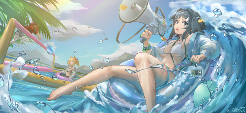 3girls absurdres airborne akimurasaki animal_ears arknights barefoot bikini black_bracelet black_hair black_one-piece_swimsuit blue_eyes blue_jacket blue_sky breasts chinese_commentary commentary day hair_ornament hairclip highres holding holding_megaphone id_card infection_monitor_(arknights) inflatable_toy innertube jacket jacket_over_swimsuit jumping la_pluma_(arknights) la_pluma_(summer_flowers)_(arknights) long_hair medium_breasts megaphone multiple_girls official_alternate_costume one-piece_swimsuit open_clothes open_jacket outdoors palm_tree projekt_red_(arknights) projekt_red_(light_breeze)_(arknights) red_jacket short_hair signature sky solo_focus sora_(arknights) sora_(summer_flowers)_(arknights) swim_ring swimsuit tree twintails water water_volleyball waves white_bikini wolf_ears wolf_girl x_hair_ornament