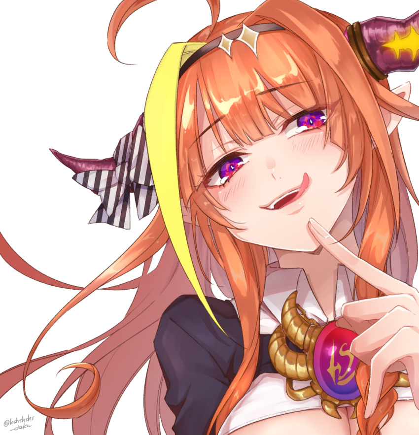 ahoge blonde_hair blush bow braid breasts brooch cleavage cleavage_cutout clothing_cutout collared_shirt commentary_request dakuryuu dragon_horns female finger_to_mouth floating_hair hairband head_tilt hololive horn_bow horn_ornament horns jewelry kiryu_coco kiryu_coco_(1st_costume) licking_lips long_hair looking_at_viewer multicolored_hair open_mouth orange_hair pointy_ears purple_eyes shirt side_braid sidelocks simple_background solo tongue tongue_out twitter_username two-tone_hair upper_body virtual_youtuber white_background white_shirt