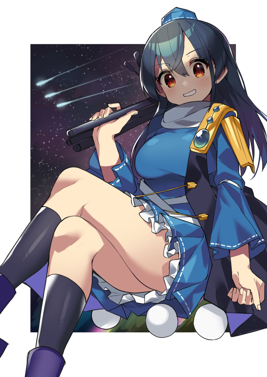 absurdres black_hair black_socks blue_dress blue_hat blush border breasts commentary_request crossed_legs dress feet_out_of_frame female frilled_dress frills hair_between_eyes hat highres holding holding_tripod iizunamaru_megumu kneehighs long_hair long_sleeves looking_at_viewer looking_down night night_sky outside_border pom_pom_(clothes) purple_footwear red_eyes sakaki_(utigi) shooting_star shoulder_guard sitting sky smile socks solo star_(sky) starry_sky teeth tokin_hat touhou tripod white_border wide_sleeves