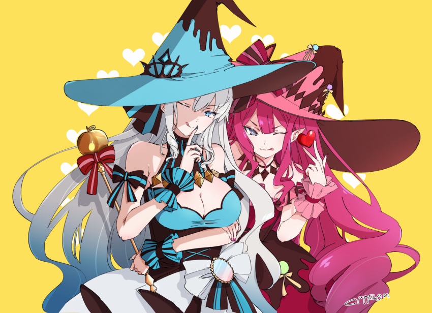 2girls ;p alternate_costume arm_ribbon arm_under_breasts artist_name baobhan_sith_(fate) baobhan_sith_(valentine_witches)_(fate) bare_shoulders black_ribbon bow breasts citron80citron cleavage cowboy_shot fate/grand_order fate_(series) finger_to_mouth fingernails grey_eyes grey_hair hair_between_eyes hat heart heart_background highres large_breasts long_fingernails long_hair morgan_le_fay_(fate) morgan_le_fay_(valentine_witches)_(fate) mother_and_daughter multiple_girls one_eye_closed pink_hair ribbon shushing smile tongue tongue_out tsurime v very_long_hair waist_bow witch_hat wrist_cuffs yellow_background