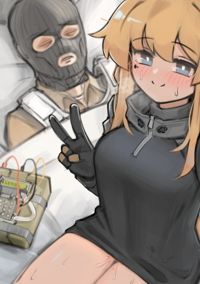 1boy absurdres after_sex balaclava black_gloves black_sweater blonde_hair bomb breasts c4 commentary counter-strike_(series) english_commentary exhausted explosive female gloves guy_tired_after_sex_(meme) highres indie_virtual_youtuber meme mole mole_under_eye original phoenix_connexion_(counter-strike) seggs_(meme) selfie sleeping straight sweater terrorist time_bomb v virtual_youtuber whiskey_project xerbatt zipper zipper_pull_tab