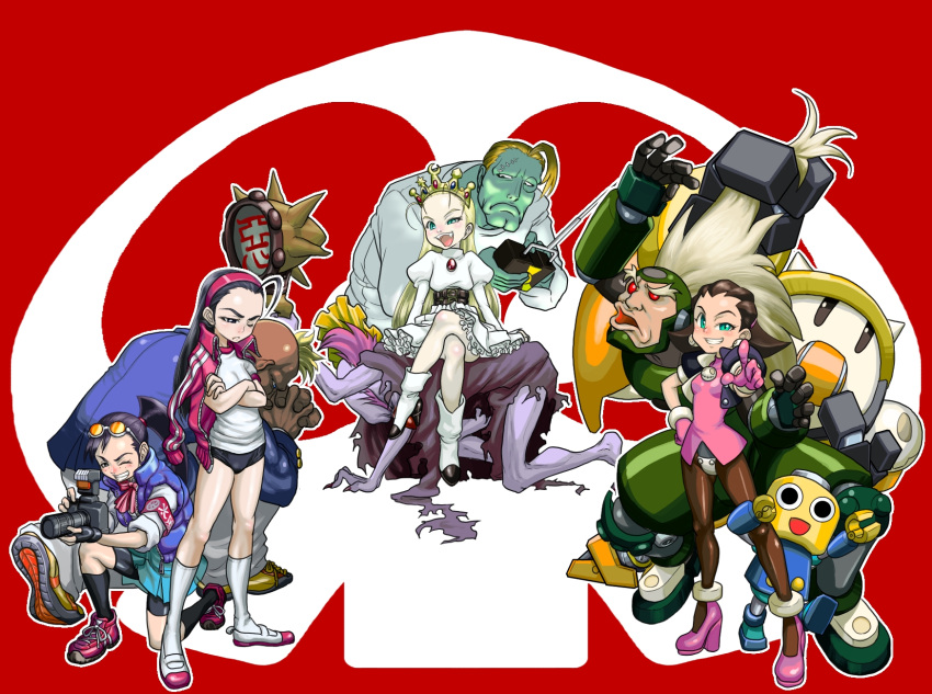 4boys 4girls ahoge boman_delgado boro buruma commentary_request crossover crotch_plate crown cyberbots devilot_de_deathsatan_ix dr_stein forehead gym_uniform hibiki_ran highres human_chair human_furniture iinchou_(justice_gakuen) jigoku_daishi justice_gakuen mega_man_(series) mega_man_legends_(series) moero!_justice_gakuen multiple_boys multiple_crossover multiple_girls pacific_high_school_uniform pantyhose parody princess school_uniform servbot_(mega_man) sitting sitting_on_person sleeves_rolled_up teisel_bonne_(mega_man) time_bokan_(series) tron_bonne_(mega_man) yatterman