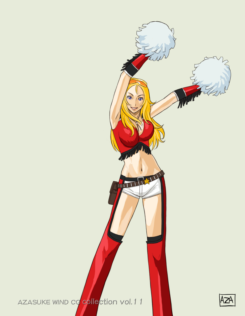 azasuke blonde_hair cheerleader crop_top elite_beat_agents female fringe_trim gloves highres long_hair navel photoshop_(medium) pom_pom_(cheerleading) shorts solo starr white_shorts