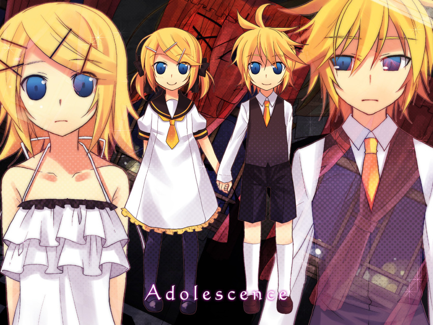 2boys 2girls adolescence_(vocaloid) aged_down alternate_hairstyle bare_shoulders blonde_hair blue_eyes brother_and_sister camisole collarbone commentary_request dress frilled_dress frills hair_ornament hairclip holding kagamine_len kagamine_rin lolicon mary_janes messy_hair multiple_boys multiple_girls necktie official_art pigeon-toed sad sailor_dress shoes short_hair short_necktie short_twintails shorts siblings smile song_name spaghetti_strap tamura_hiro twins twintails variations vocaloid worried x_hair_ornament zoom_layer