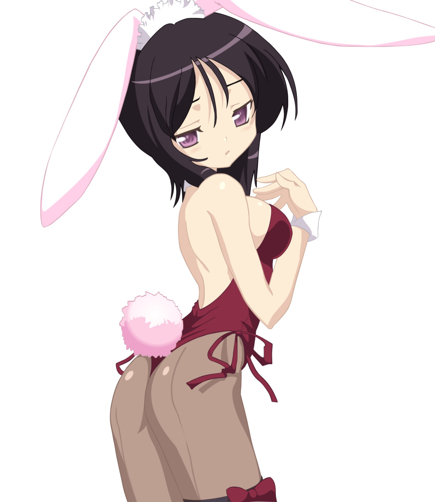 animal_ears ass back black_hair blush eneus female highres magician's_academy pantyhose playboy_bunny purple_eyes rabbit_ears short_hair solo vector_trace