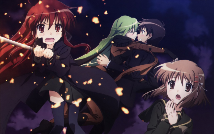 1boy 3girls hasegawa_shin'ya highres hug imageboard_desourced jealous long_hair multiple_girls non-web_source official_art pheles red_hair sakai_yuuji school_uniform shakugan_no_shana shana sword weapon yoshida_kazumi