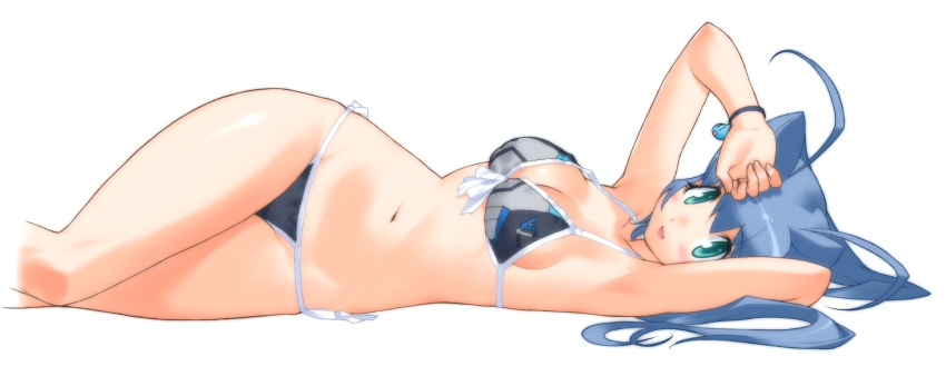 :d animal_ears antenna_hair aoba_anoa aqua_eyes arm_behind_head armpits arms_up bikini blue_hair blush bracelet breasts cat_ears cleavage cowboy_shot female front-tie_top gradius groin hair_between_eyes halterneck hand_on_own_head highres jewelry large_breasts long_hair looking_at_viewer looking_back lowleg lowleg_bikini lying navel on_back on_side open_mouth otomedius print_bikini side-tie_bikini_bottom simple_background smile solo string_bikini swimsuit vic_viper wide_hips yoshizaki_mine