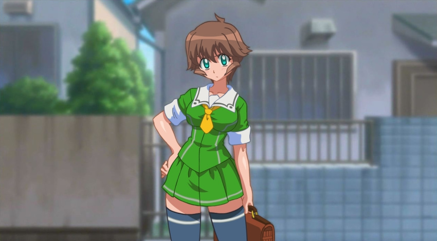 anime_screenshot aqua_eyes breasts brown_hair female kemeko_deluxe large_breasts makihara_izumi school_uniform short_hair solo thighhighs vector_trace