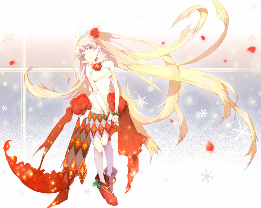 blonde_hair copyright_request dress earrings female flower full_body green_eyes hair_flower hair_ornament jewelry long_hair looking_at_viewer own_hands_together parted_lips petals red_flower red_footwear sleeveless snowflake_background solo tsujisaki_(coa3) very_long_hair