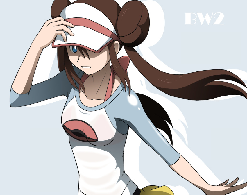 blue_eyes brown_hair commentary_request double_bun doughnut_hair_bun female hair_bun highres long_hair pantyhose pokemon pokemon_bw2 raglan_sleeves ribbon rosa_(pokemon) solo takaya_n twintails visor_cap