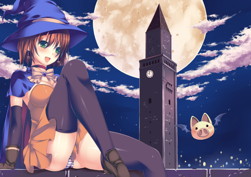 :d alice_wishheart black_thighhighs bow breasts brown_hair cape choker clock clock_tower clothes_lift cloud commentary_request earrings elbow_gloves female full_moon gloves green_eyes hat iroha_(unyun) jewelry loafers looking_at_viewer magical_halloween medium_breasts moon night night_sky oerba_yun_fang open_mouth orange_skirt panties pantyshot photoshop_(medium) shoes short_hair sitting skirt skirt_lift sky smile solo star_(symbol) star_earrings thighhighs tower underwear witch_hat