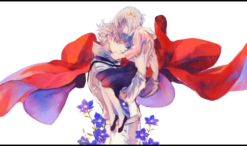 1boy cape carrying closed_eyes commentary_request dumas fantastic_children female flower hair_flower hair_ornament helga_(fantastic_children) highres hug short_hair white_hair yaku_(ziroken)