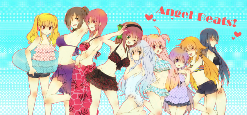 6+girls angel_beats! armpits bare_shoulders bikini blonde_hair blue_hair brown_eyes brown_hair casual_one-piece_swimsuit closed_eyes commentary_request frilled_bikini frills green_eyes heart highres hisako_(angel_beats!) innertube irie_miyuki iwasawa_masami juri_(nattoutomato) multiple_girls nakamura_yuri navel oerba_yun_fang one-piece_swimsuit one_eye_closed open_mouth pink_eyes pink_hair print_sarong purple_eyes purple_hair purple_sarong red_sarong sarong sekine_shiori shiina_(angel_beats!) shorts swim_ring swimsuit tachibana_kanade white_hair yui_(angel_beats!) yusa_(angel_beats!)