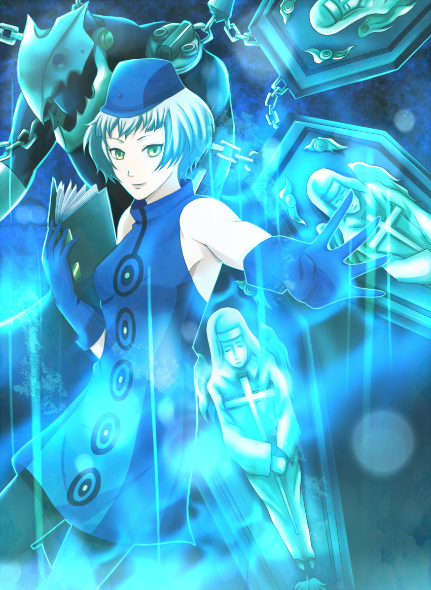 bad_id bad_pixiv_id bare_shoulders book chains dress elizabeth_(persona) female gloves hat highres mii_(0726miya) pantyhose persona persona_3 persona_4:_the_ultimate_in_mayonaka_arena photoshop_(medium) short_hair sleeveless sleeveless_dress smile solo thanatos_(persona) white_hair yellow_eyes