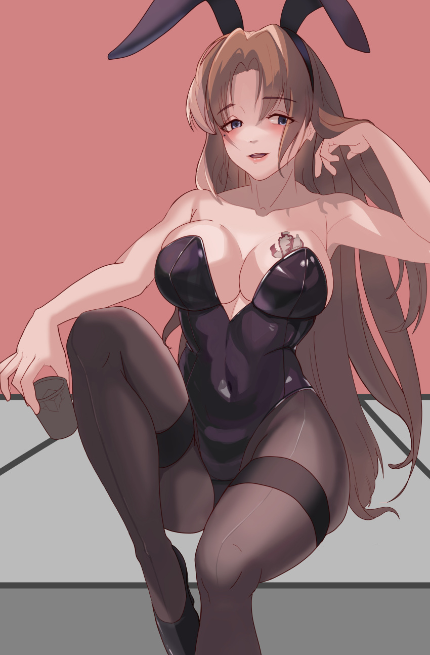 1girls big_breasts blue_eyes blush breasts brown_hair bunny_ears bunnysuit cleavage clothing corset female female_only glass limbus_company project_moon rodion_(limbus_company) sitting tattoo thighs voluptuous voluptuous_female