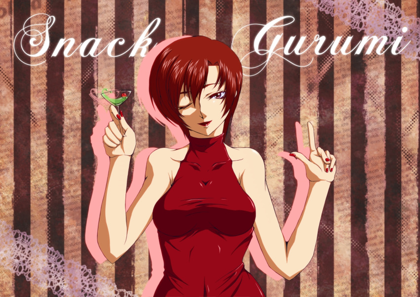 aoi_yuu_(komeda_yuu) bare_shoulders breasts brown_eyes brown_hair cocktail_glass commentary_request cup dress drink drinking_glass female halterneck large_breasts lipstick makeup meiko_(vocaloid) nail_polish one_eye_closed red_dress short_hair solo vocaloid