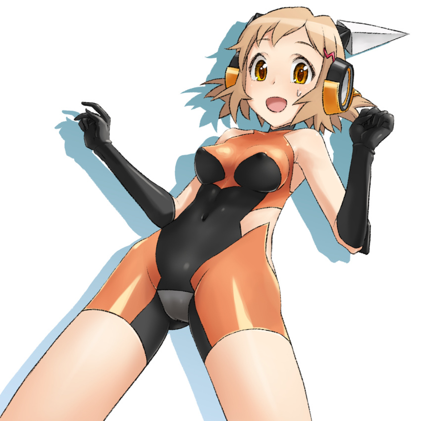 bare_shoulders black_gloves bodysuit clothing_cutout drop_shadow elbow_gloves female gloves hair_ornament headgear highres light_brown_hair looking_at_viewer open_mouth orange_bodysuit senki_zesshou_symphogear shadow short_hair side_cutout simple_background skin_tight solo sweat tachibana_hibiki_(symphogear) unyon white_background yellow_eyes